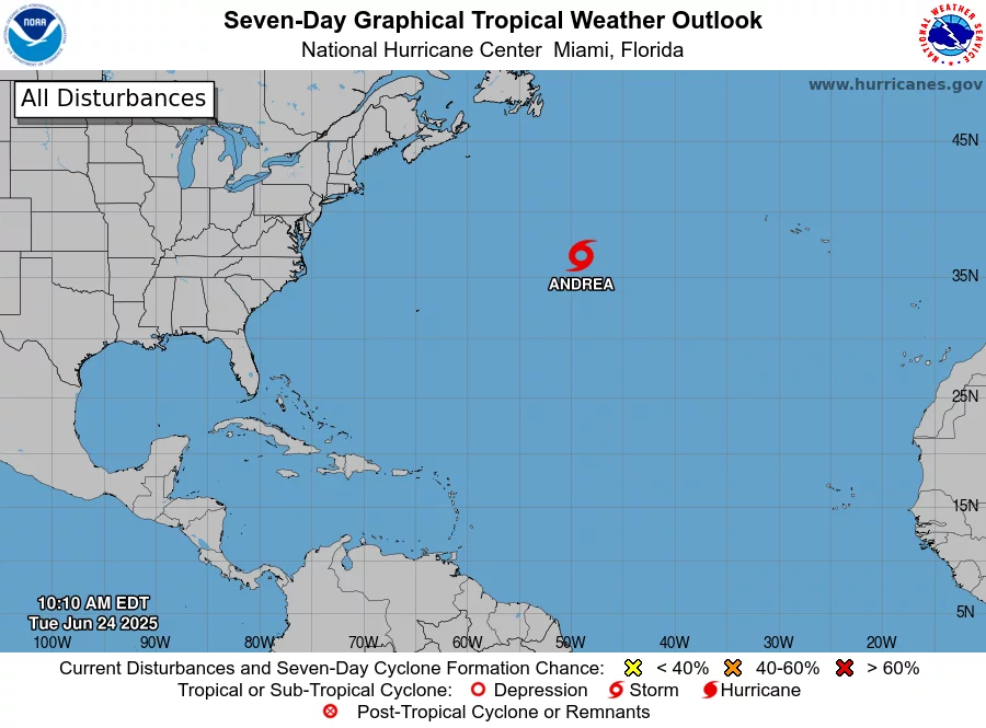 Se forma la tormenta tropical Andrea, el primer cicl&oacute;n de la temporada del Atl&aacute;ntico