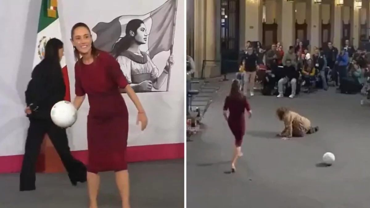 Reportera cae al intentar atrapar balón lanzado por presidenta de México