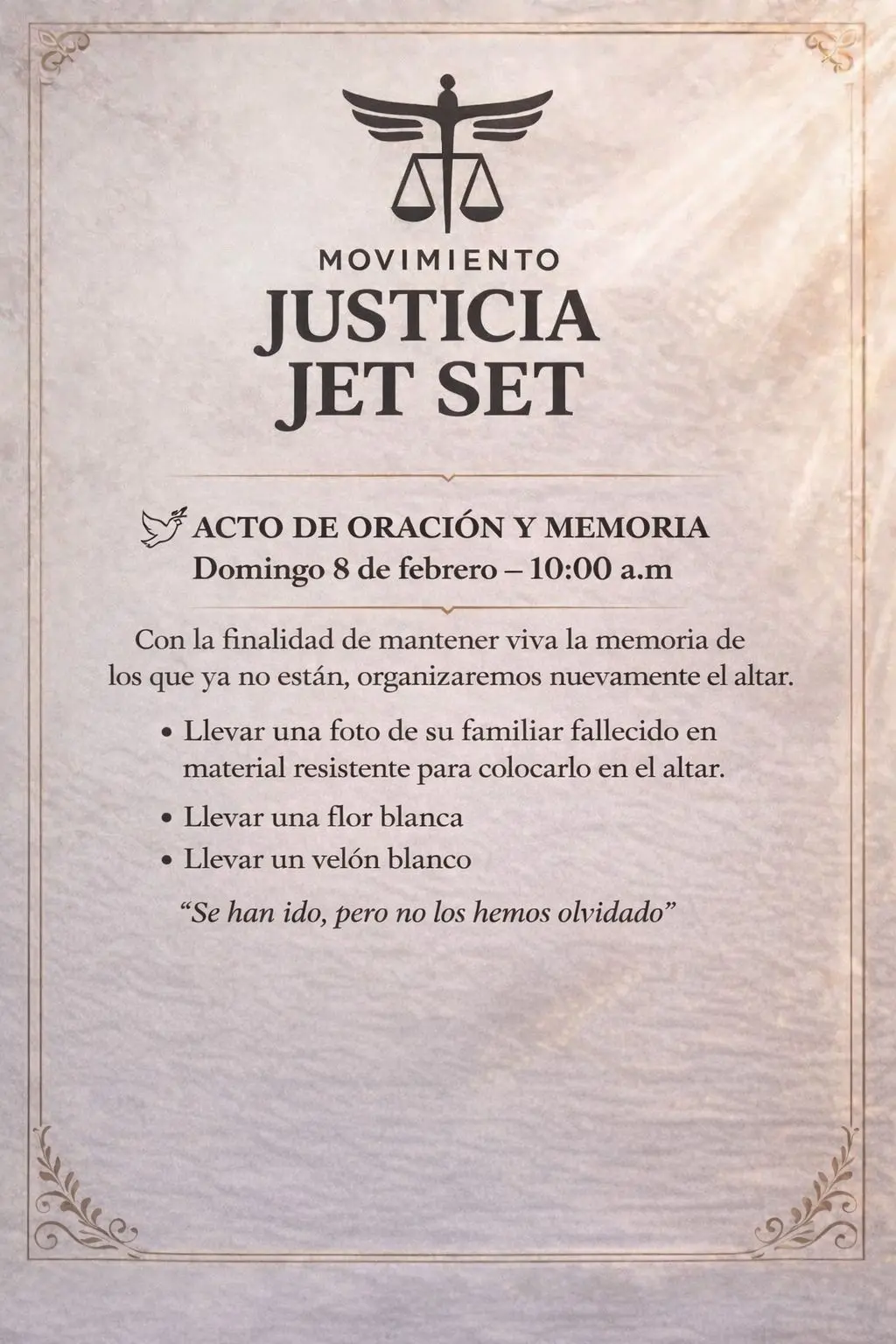 Movimiento Justicia Jet Set convoca acto de oración y memoria este domingo