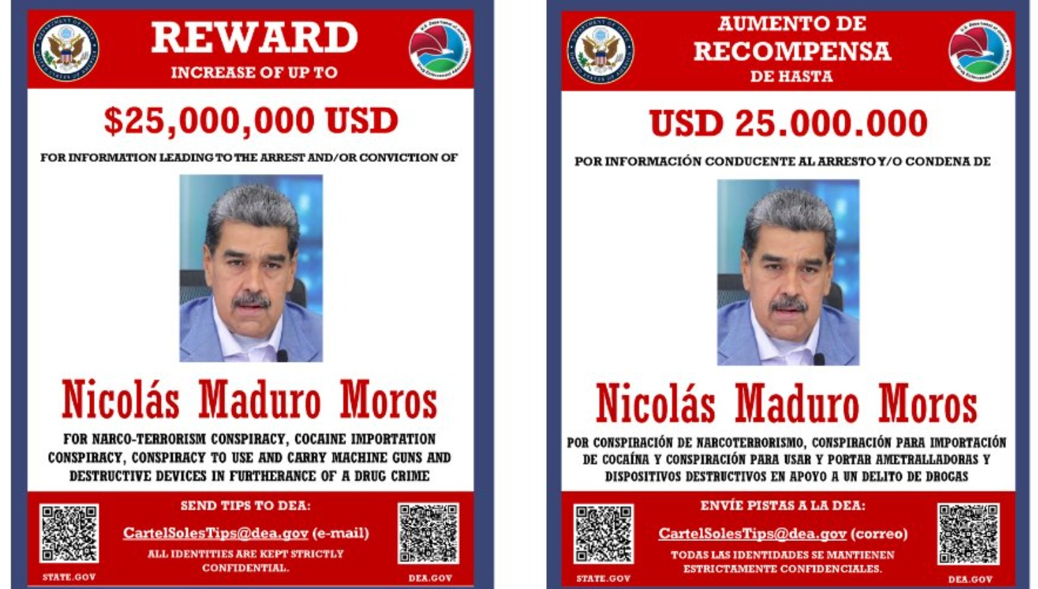EE. UU. aumenta a US$25 MM recompensa por captura de Maduro, acusado de narcoterrorismo