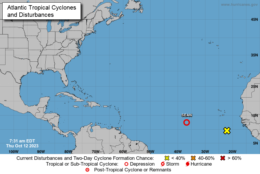 La tormenta Sean se degrada a depresi&oacute;n tropical en el sureste del Atl&aacute;ntico