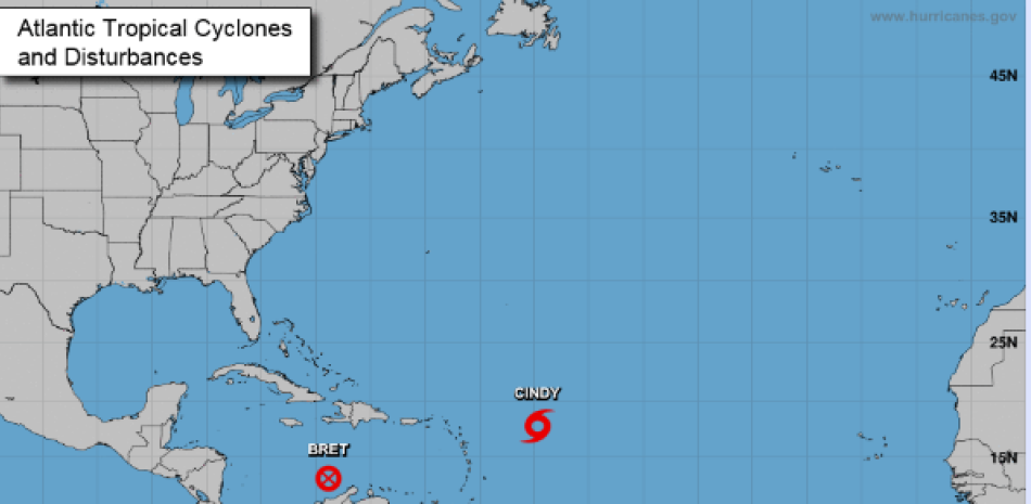 Tormenta Cindy rumbo a las Antillas Menores y Bret se disipa en el Caribe