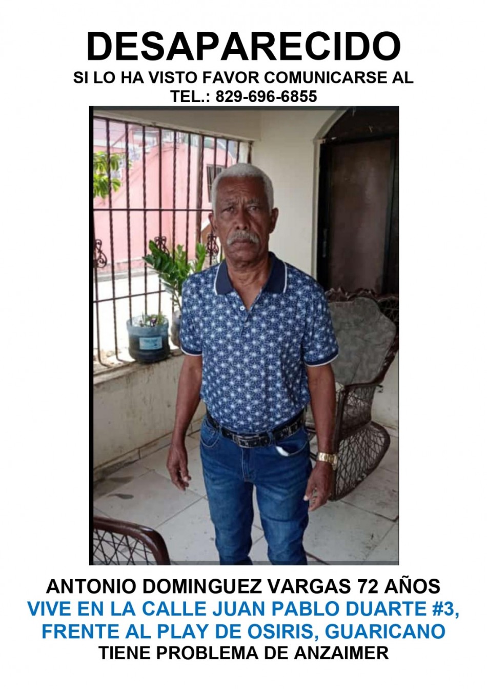 Se encuentra desaparecido el se&ntilde;or Antonio Dominguez Vargas en los Guaricanos 