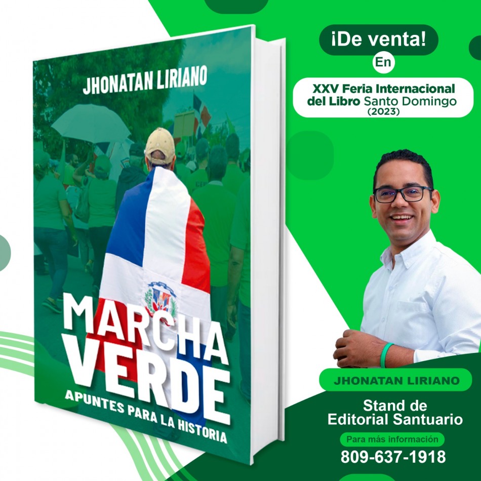 Jhonatan Liriano muestra su libro Marcha Verde en el stand de la libreria Santuario de la zona de editoriales