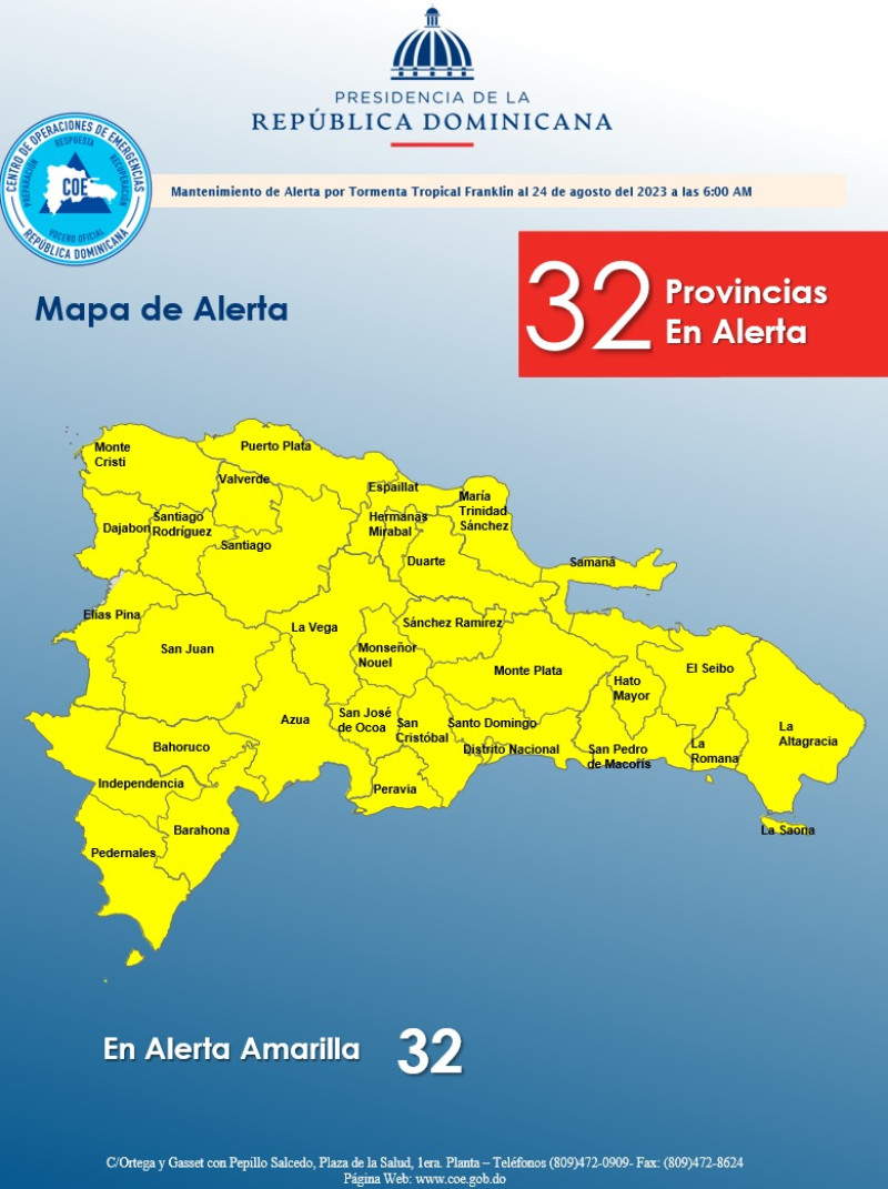 COE establece todas las provincias en alerta amarilla por tormenta Franklin