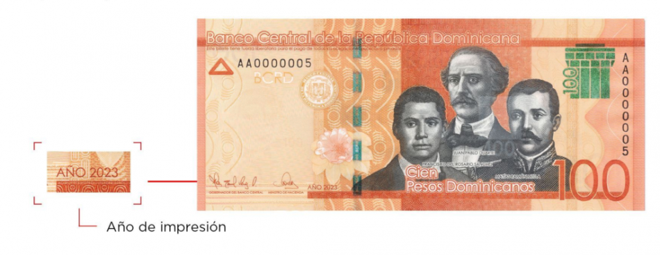 Banco Central emite nuevo billete de RD$100, año 2023