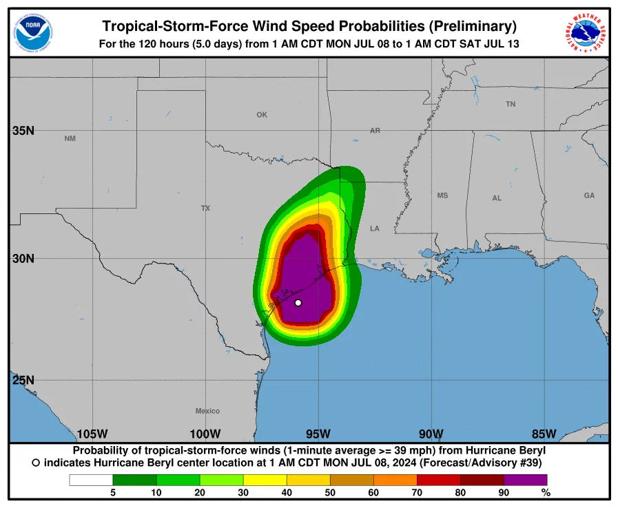Hurac&aacute;n Beryl toca tierra como hurac&aacute;n de categor&iacute;a 1 en Texas
